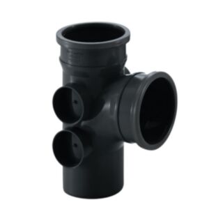 Push Fit Soil 92.5° Single Branch Equal Tee 4 Boss Double Socket Black 110mm