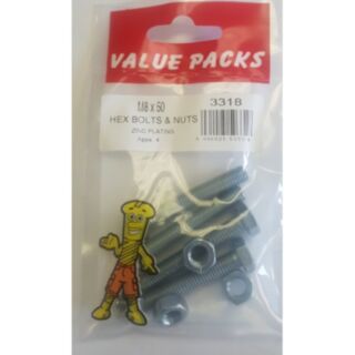 Fastpak Value Pack Hex Head Bolts & Hex Nuts Zinc M8 x 50mm 4pk
