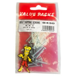 Fastpak Value Pack Self Tapping Screws Pan Head BZP 4.2x25mm (No.8 x 1) 25pk