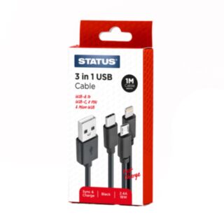 STATUS® 3-in-1 Multi USB Lightning Fast Charge & Sync Cable 18W 1mtr
