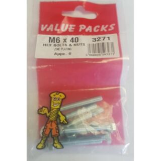 Fastpak Value Pack Hex Head Bolts & Hex Nuts Zinc M6 x 40mm 6pk
