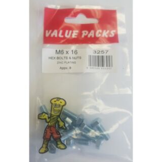 Fastpak Value Pack Hex Head Bolts & Hex Nuts Zinc M6 x 16mm 8pk