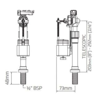 Dudley Hydroflo Telescopic Bottom Inlet Delay Fill Float Valve Adjustable Height 8 To 11½  With ½ Brass Tail