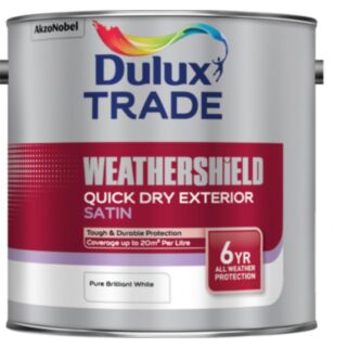 Dulux Trade Weathershield Quick Dry Exterior Satin Paint Pure Brilliant White 2.5ltr