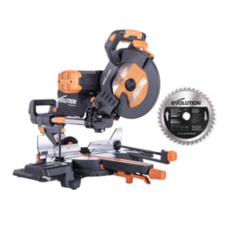 Evolution R255SMS-DB+ Double Bevel Sliding Compound Mitre Saw With 40T Wood Blade & 28T TCT Multi-Material Cutting Blade 225mm 230V