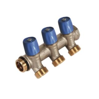 Henco 3 Port Manifold With Valve, Eurocone Connection & O Ring Brass Blue ¾ x 45x75x145mm