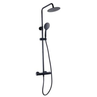 K-VIT Nero Thermostatic Round Bar Shower With Ultra Slim Overhead Drencher & Sliding Handset Black