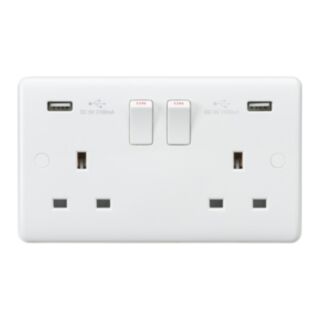 Knightsbridge Curved Edge Switched Double Socket & USB Port 2 Gang 13Amp White