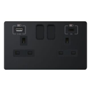 Selectric 5M-PLUS Switched Socket & USB C & A Port 2 Gang 13Amp Matt Black With Black Insert