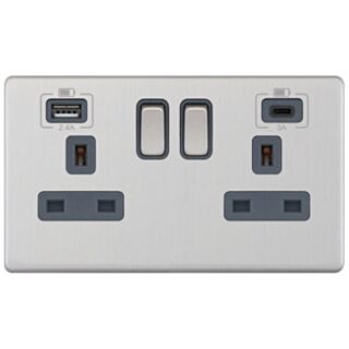 Selectric 5M-PLUS Switched Socket & USB C & A Port 2 Gang 13Amp Satin Chrome With Grey Insert