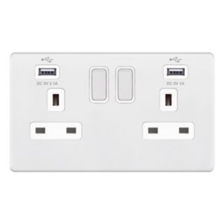 Selectric 5M-PLUS Switched Socket & USB Port 2 Gang 13Amp Matt White With White Insert