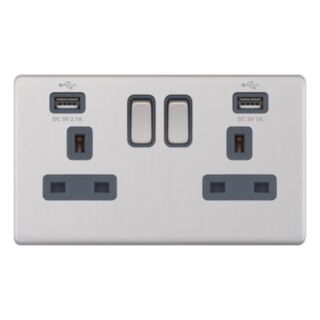 Selectric 5M-PLUS Switched Socket & USB Port 2 Gang 13Amp Satin Chrome With Grey Insert