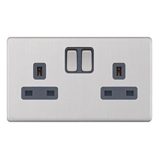 Selectric 5M-PLUS Switched Socket Single Pole 2 Gang 13Amp Satin Chrome With Grey Insert