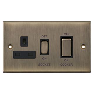 Selectric 5M 45Amp Cooker Switch With 13Amp Switched Socket Double Pole Antique Brass With Black Insert