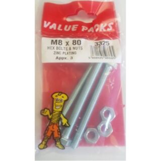 Fastpak Value Pack Hex Head Bolts & Hex Nuts Zinc M8 x 80mm 3pk
