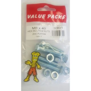 Fastpak Value Pack Hex Head Bolts & Hex Nuts Zinc M8 x 40mm 5pk