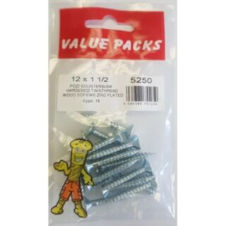 Fastpak Value Pack Twinthread Woodscrews Countersunk Zinc 6.0x40mm (No.12 x 1½) 15pk