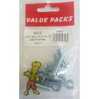 Fastpak Value Pack Hex Head Bolts & Hex Nuts Zinc M8 x 25mm 6pk