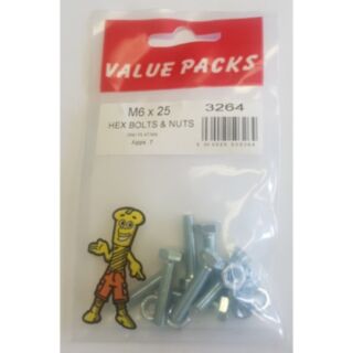 Fastpak Value Pack Hex Head Bolts & Hex Nuts Zinc M6 x 25mm 7pk