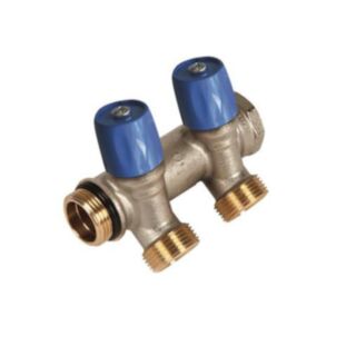 Henco 2 Port Manifold With Valve, Eurocone Connection & O Ring Brass Blue ¾ x 45x75x100mm