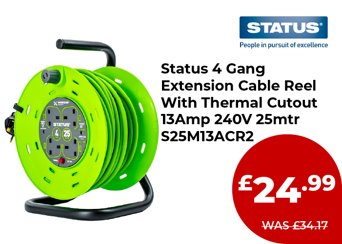 STATUS® 4 Gang Extension Cable Reel With Thermal Cutout 13Amp 240V 25mtr