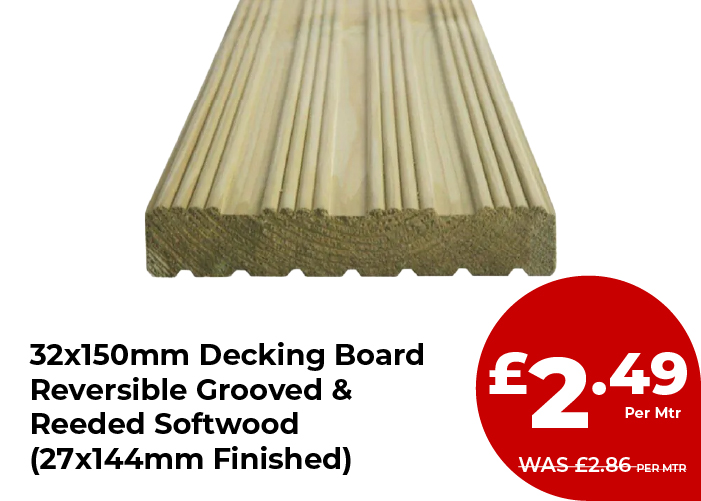 32x150mm Decking Board Reversible Grooved & Reeded Softwood (27x144mm Finished)