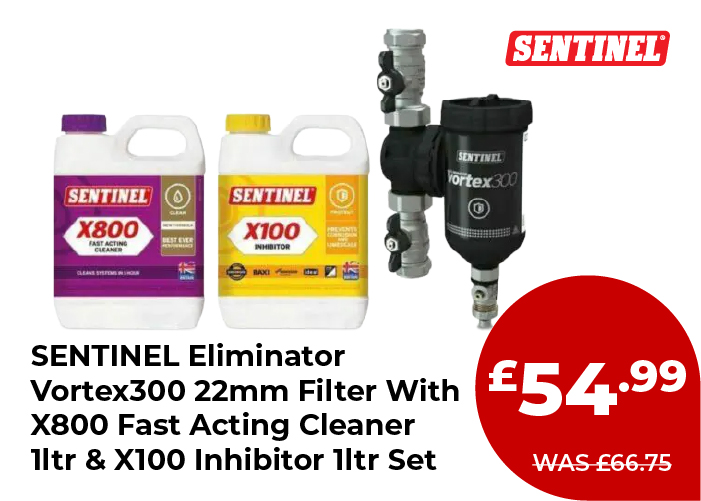 SENTINEL Eliminator Vortex300 22mm Filter With X800 Fast Acting Cleaner 1ltr & X100 Inhibitor 1ltr Set